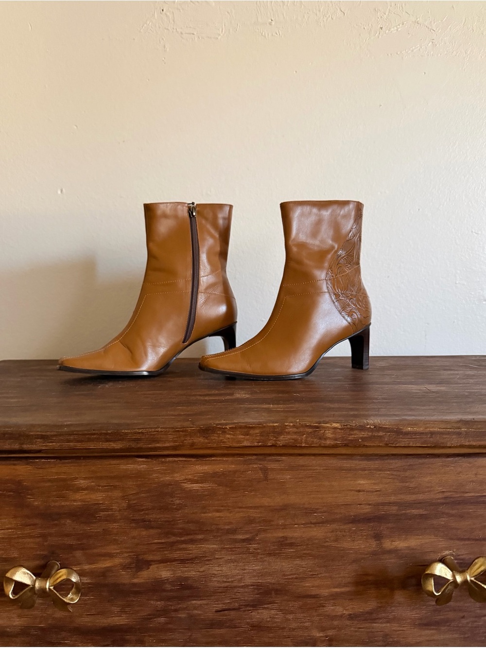 Tan Leather Mid-Calf Boots with Side Zip